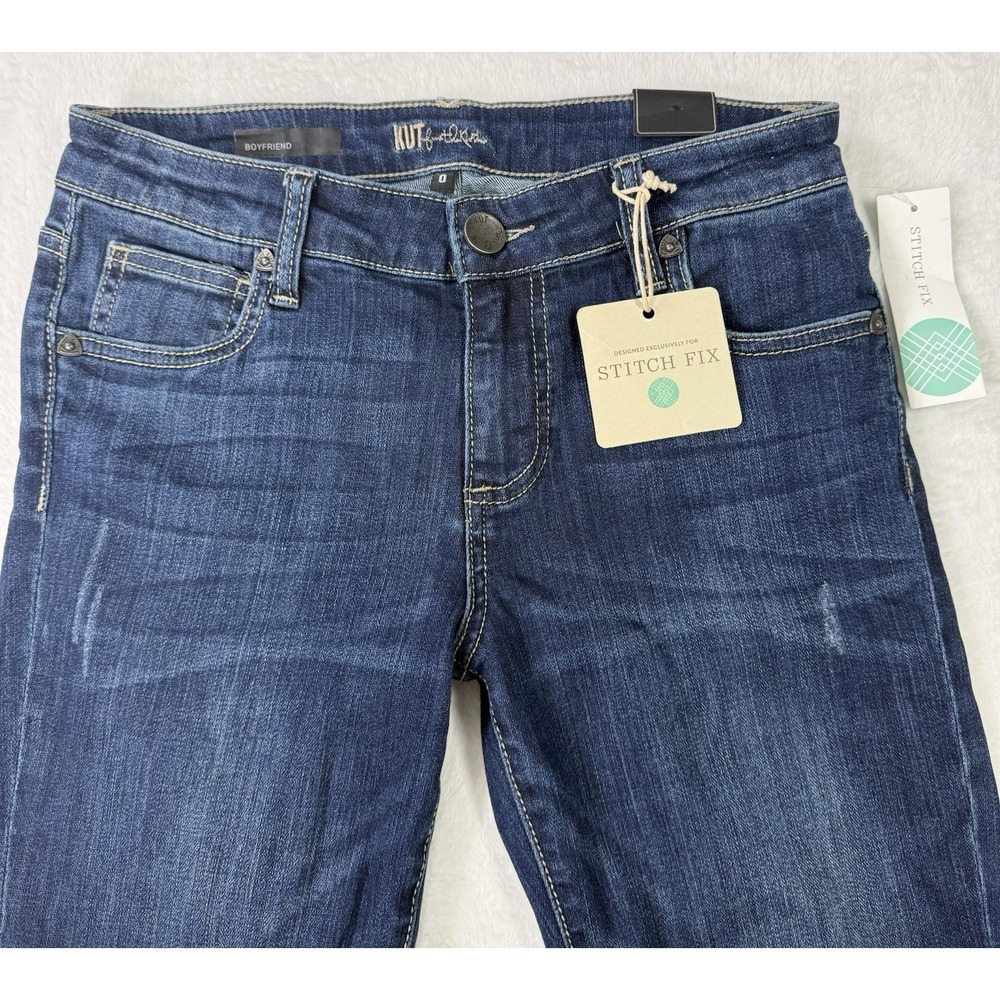 Kut From The Kloth Kate Distressed Boyfriend Jeans Womens 0 Dark Wash NWT Stitch